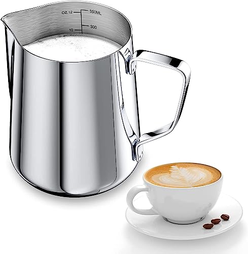 Milchkännchen, 350ml Handaufschäumer aus Edelstahl, Kaffeeweißer Milchaufschäumer Tasse mit Messmarke, Milchkännchen passend für Barista Cappuccino Espresso von WANGZAIZAI