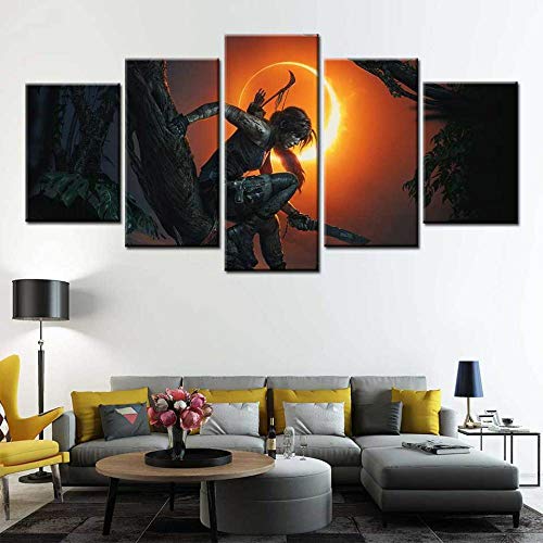 WANGZUO Leinwandbild 5-Teilig Modernes GicléE-Design Gerahmt FüR Wohnzimmer Tomb Raider Game Poster Leinwand Bilder Fotoprints Auf Leinwand-100x55CM von WANGZUO