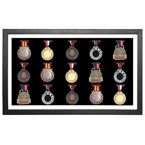 Große Medaille Display Shadow Box, 15 Medaillen Vitrine Medaille Display Rahmen Perfekte Medaille Display für Kriegsmilitär, Läufer, Marathon, Fußball, Gymnastik & alle Sportarten (Schwarz) von WANLIAN