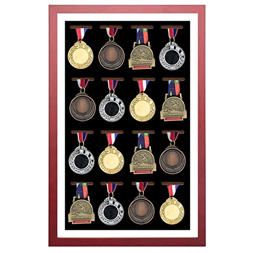 Große Medaillen Display Shadow Box – Medaillen Vitrine – 16 Medaillen Vitrine – perfekte Medaille Display für Kriegsmilitär, Läufer, Marathon, Rennsieger, Gymnastik und alle Sportarten (rotes Holz) von WANLIAN