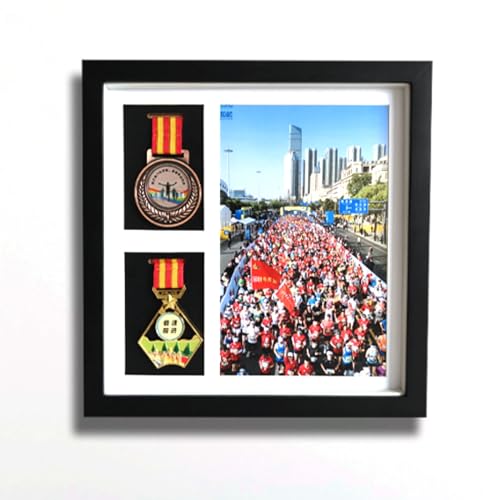 WANLIAN Marathon-Medaillenrahmen, 2 Medaillen-Vitrinen, Medaillen-Display-Rahmen mit Foto, Holz-Medaillen-Schattenbox, für Marathon, Militär, blauer Ball, Schwimmen, Medaillenrahmen (schwarz), SR-02 von WANLIAN