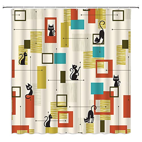 Mid Century Duschvorhang, Motiv: schwarze Katze, Retro, Diamanten, Atomsterne, 1950er, 1960er Jahre, abstrakt, geometrisch, minimalistisch, schlicht, Vintage, modern, Badezimmer-Dekor, Mid Century Duschvorhang, Motiv: schwarze Katze, Retro, Diamanten, Atomsterne, 1950er, 1960er Jahre, abstrakt, geometrisch, minimalistisch, schlicht, Vintage, modern, Badezimmer-Dekor, von WANVYON