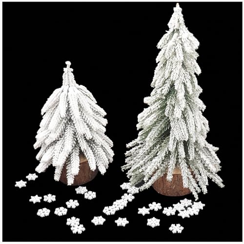 WANYI 2 x Mini Weihnachtsbaum Künstlich Tannenbaum Deko Miniatur Christbaum mit Holzbasis Geschmückter Weihnachtsbaum Tisch mit 50 x Schneeflocken Deko für Weihnachtsdeko Tischdeko Fensterbank (A) von WANYI