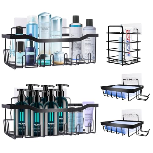 WAOAW Duschablage Ohne Bohren,Duschregal Zum Hängen,5 Pcs Schwarz Duschregal, Edelstahl Badregal Rostfrei,Shampoo Halterung für Dusche für Shampoo, Duschgel, Seife, Kosmetik von WAOAW