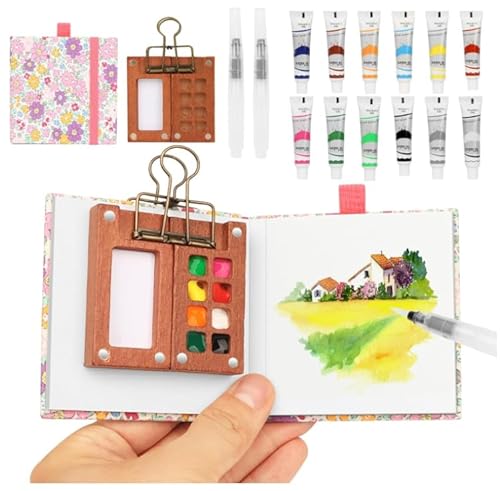 WAONIQ Mini Malkasten Aquarell Set,pocket aquarell travel set, mini aquarellkasten travel malset mit 12 farben für Kinder,Studenten, Hobbymaler, Künstler（Walnußfarbe） von WAONIQ