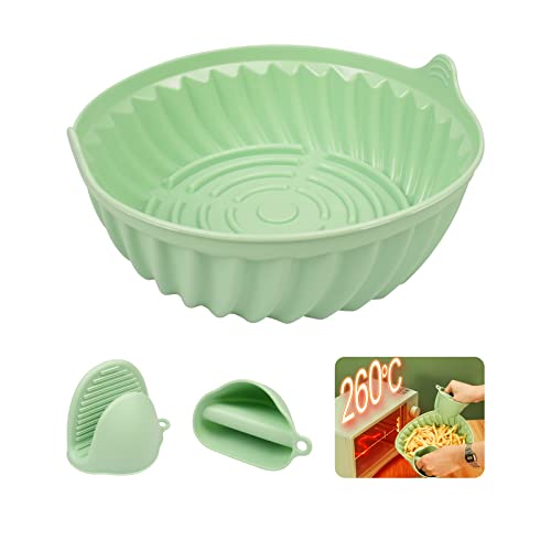 WAONIQ Silikonform Heißluftfritteuse 19cm, Air Fryer Silicone Pot Wiederverwendbar Heißluftfritteuse Silikon Topf mit Zwei Ofenhandschuhen, Silikon Backform für Fryer Ofen Mikrowelle Ofenzubehör von WAONIQ