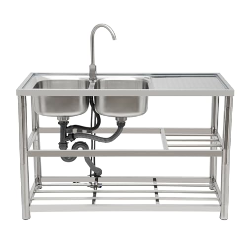 Freistehende Küchenspüle aus Edelstahl Gewerbliche Doppelspülbecken, Doppelspülbecken-Spültisch, Komplettes Set freistehenden Spültisches mit Wasserhahn, 120×45×80 cm von WAPHOERTE