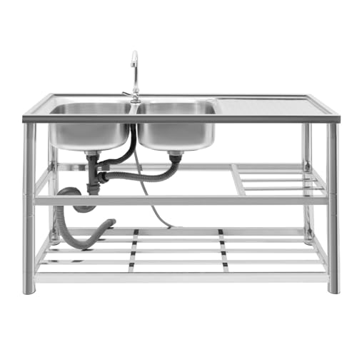 Freistehender Edelstahl-Spültisch Küchenspüle mit Unterschrank, Doppelspül-Schrank (mit Spüle und Armatur), 3-ebene Outdoor-Spüle, 120×45×80 cm von WAPHOERTE