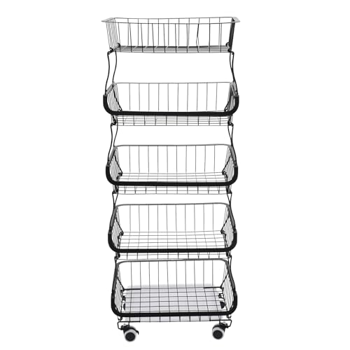 Gemüseregal für Küche 5-Stufiger Stapelbarer Obst und Gemüse-Organisationskorb mit Verriegelbaren Rollen und Wasserableger, Regalwagen für Küche, Wohnzimmer und Badezimmer von WAPHOERTE