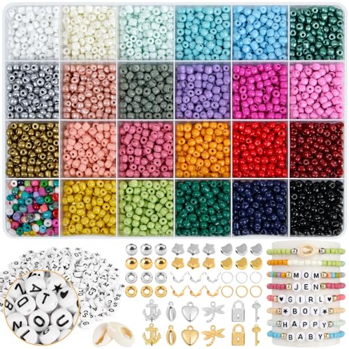 Warehouse 4 MM Perlen für Armbänder,3500 Stück Perlen zum Auffädeln,Armbänder Selber Machen mit 300 Buchstaben Perlen für Schmuckherstellung, Rocailles Perlen Set von Warehouse