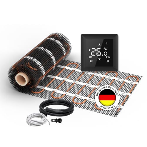 Elektrische Fußbodenheizung für Fliesen: Zweiader-Heizmatte WARMON ULTRA 200 W/m² inkl. Thermostat mit Bodensensor, Thermostat:, Mattengröße:9 m² - 2 Stk (5+4 m²) von WARMON