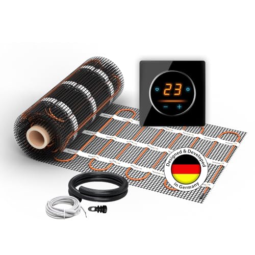 Elektrische Fußbodenheizung: Zweiader-Heizmatte WARMON ULTRA 200 W/m² mit WiFi-Thermostat OKE-25 Touch und schwarzem Garda Glass-Abdeckrahmen, Thermostat:OKE25 Garda Schwarz, Mattengröße:3,5 m² von WARMON