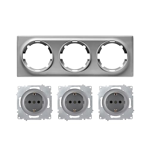 OneKeyElectro Set: 3x Schuko-Steckdose mit Abdeckrahmen 3fach, waagerecht, 230V/16A, Schutzart IP20, gute Wärmebeständigkeit, grau von WARMON