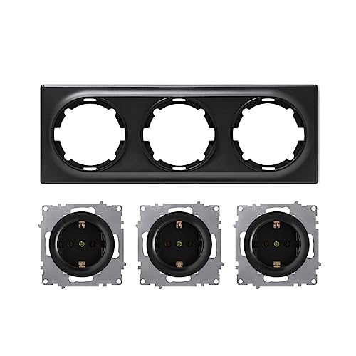 OneKeyElectro Set: 3x Schuko-Steckdose mit Abdeckrahmen 3fach, waagerecht, 230V/16A, Schutzart IP20, gute Wärmebeständigkeit, schwarz von WARMON