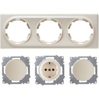 Warmon - Schuko-Steckdose und 2x Lichtschalter mit Abdeckrahmen 3fach, unterputz, waagerecht, beige von WARMON