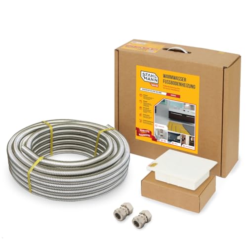 Stahlmann Wasser Fussbodenheizung Set WHS4: Edelstahlwellrohr - 4 m², 2x Schnellverschraubung Set, Temperaturregelventil mit Unterputzdose mit Deckel Stahlmann Wasser Fussbodenheizung Set WHS4: Edelstahlwellrohr - 4 m², 2x Schnellverschraubung Set, Temperaturregelventil mit Unterputzdose mit Deckel von WARMON