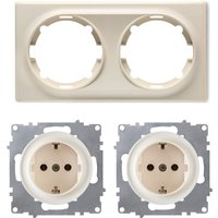 2x Schuko-Steckdose mit Abdeckrahmen 2fach, unterputz, waagerecht, beige von WARMON