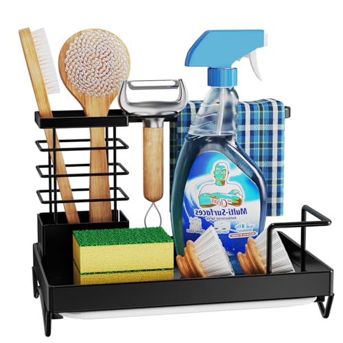 WARMSIMPLE Schwammhalter für Küchenspüle, Edelstahl Küchenspüle Organizer mit Geschirrtuchhalter, Küchenspüle Caddy mit abnehmbarer Ablaufschale, schnell trocknender Küchenspüle Schwammhalter von WARMSIMPLE