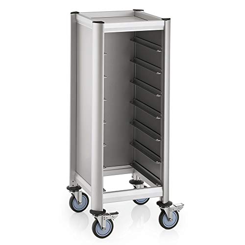 WAS 1955 407 Alu-Profile mit MDF-Seitenteilen Tablettwagen für 7 Tabletts, 4 Schwenkbare Rollen, 51.5cm Länge, 47.5cm Breite, 125cm Höhe von WAS Germany