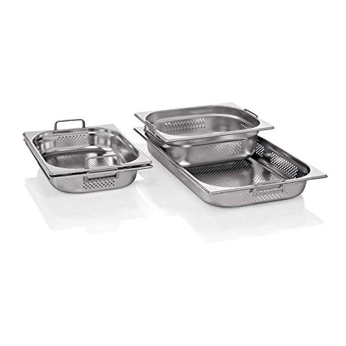 WAS 7412 150 Serie 74 Chromnickelstahl Gastronormbehälter mit Fallgrifen, Boden & Seitenlochung, 1/2 GN, 325mm x 265mm x 150mm von WAS