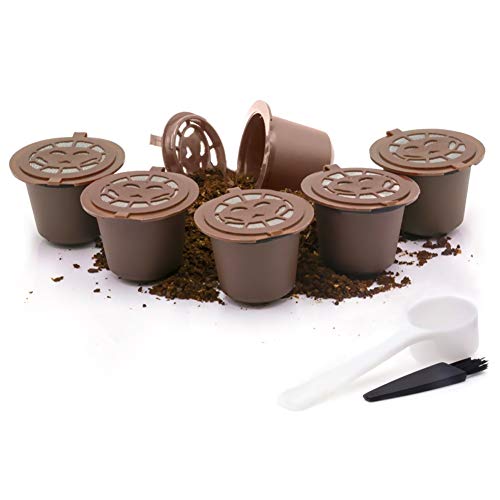 Dolce Gusto Kaffee Wiederverwendbare nachfüllbare Schoten 6-tlg mit Kompatible Filterbecher mit Schaumfunktion BPA-freie Kaffeepads für Dolce Gusto mit 2 Plastiklöffel und 2 Reinigungsbürste (6 Braun) von WASAGA