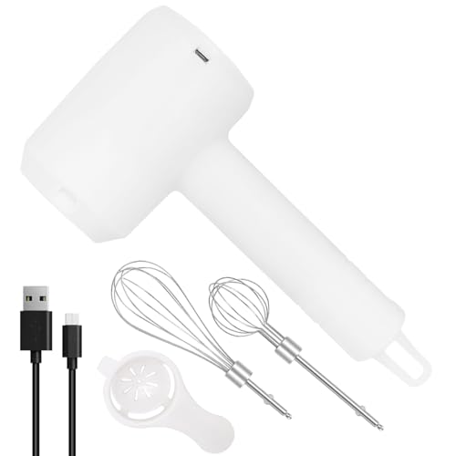 Elektrischer Handmixer, WASAGA Kabelloser Tragbarer Handbesen mit Wiederaufladbaren 3 Geschwindigkeiten und 2 Abnehmbaren Schneebesen zum Backen Schneebesen Milchshake-Creme (Weiß) von WASAGA