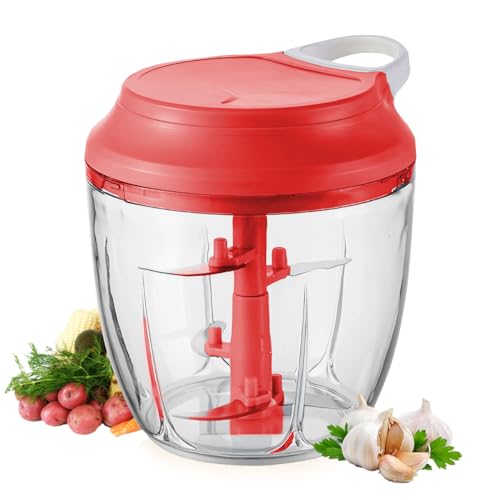 Manueller Lebensmittelhacker, WASAGA 1000ml Küchenhandziehmaschine oder Schneidemaschine für Gemüse Fleisch Obst Nüsse Knoblauch Zwiebel Paprika (Rot) von WASAGA