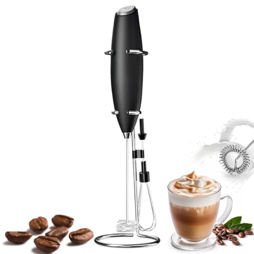 Milchaufschäumer Handbesen, WASAGA Kaffeeschaumbereiter mit Edelstahl-Handmixer für Latte & Cappuccino & Heiße Schokolade & Ei & Milchshake, Batteriebetrieben (Schwarz) von WASAGA