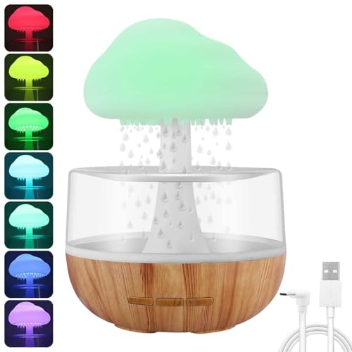Pilz-Regenwolken-Luftbefeuchter mit Nachtlicht, WASAGA 7 Farben Wassertropfen ätherisches Öl Diffusor wiederaufladbar mit Atompilz & Regengeräusch für Zuhause Schlafzimmer Büro von WASAGA