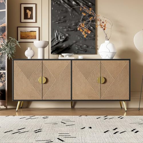 WASAGA Sideboard mit Erhabener Textur 160cm, Schrank mit Vier Türen Goldene Gebürstete Griffe und Hochglanz Tischbeine (Schwarz + Holz) von WASAGA