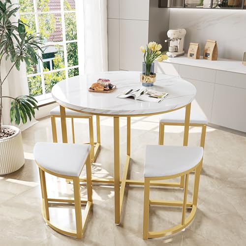 WASAGA Esstisch-Set mit Vier Stühlen, Moderner Luxustisch und Samtstühle mit MDF-Tischplatte und vergoldetem Eisengestell (Weiß + Gold) von WASAGA