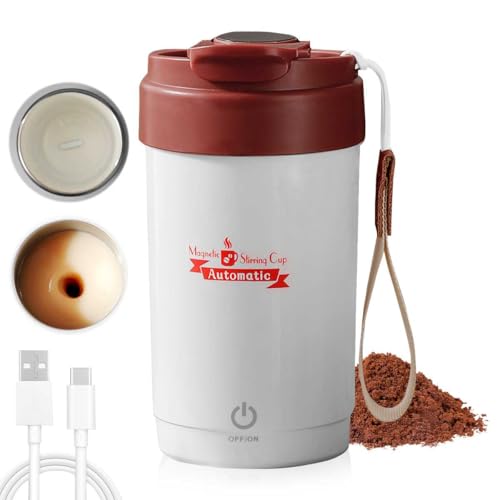 WASAGA Selbstrührende Kaffeetasse, 300ml Keramik Elektrisch Wiederaufladbarer Magnetischer Kaffeemischbecher mit Deckel und Lanyard für Tee Milch Heiße Schokolade und Kakao (Weiß) von WASAGA
