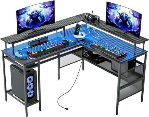 WASAGUN L förmiger Schreibtisch,Steckdose und USB-Anschlüsse,Eck Gaming Schreibtisch mit LED-Licht,umkehrbarer Computertisch mit Monitorständer,Home-Office-Arbeitstisch,Schwarz von WASAGUN