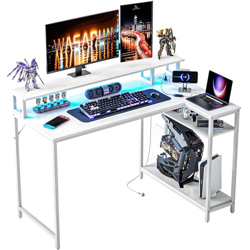 WASAGUN L förmiger Schreibtisch,Computertisch,Gaming Schreibtisch,120cm breit mit Steckdose,Eckschreibtisch,PC Schreibtisch,Arbeitstisch mit Ablage und Stauraum,Home Office Schreibtisch,wendbar,Weiß von WASAGUN