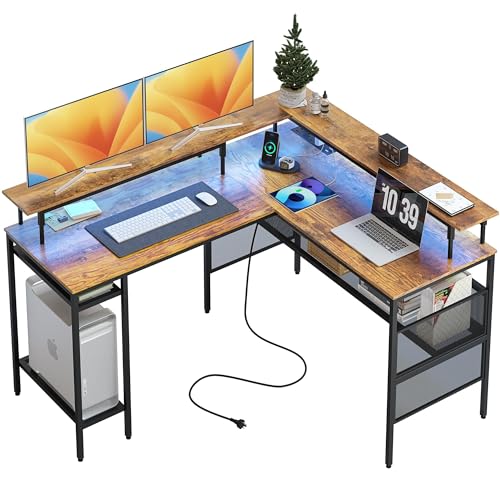 WASAGUN L förmiger Schreibtisch,Steckdose und USB-Anschlüsse,Eck Gaming Schreibtisch mit LED-Licht,umkehrbarer Computertisch mit Monitorständer,Home-Office-Arbeitstisch,Braun von WASAGUN