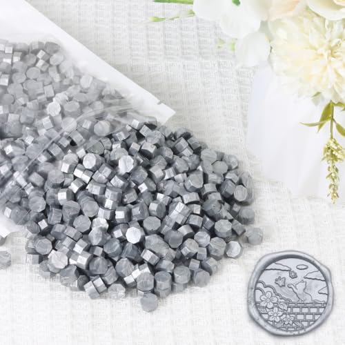 400 Stück Silber-Siegelwachsperlen, WASOHLING Achteck-Wachssiegelperlen für Stempelsiegel, Silberwachs-Siegelperlen für Umschlagstempel, Einladungen, Weinpakete, Briefversiegelung (Silber) von WASOHLING