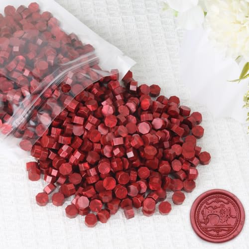 400 Stück Weinrote Siegelwachsperlen, WASOHLING achteckige Wachssiegelperlen für Stempelsiegel, rote Wachssiegelperlen Set für Umschlagstempel, Einladungen, Weinpakete, Briefversiegelung (Weinrot) von WASOHLING