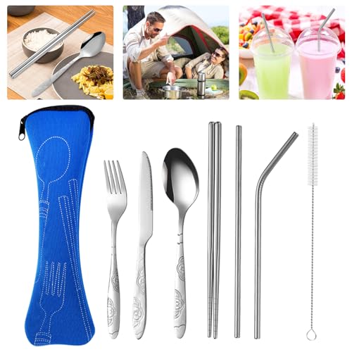 Besteck Campingbesteck Messer Und Gabel Set Feldbesteck Camping Besteckset Outdoor Reisebesteck Cutlery Bestecktasche für Unterwegs Messer Geschirr 1 Person, 8 StüCk von WASYPLSFOI