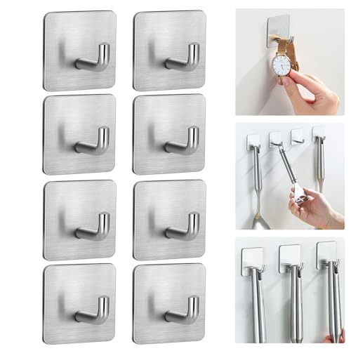 WASYPLSFOI Klebehaken Magische Haken Hook Selbstklebend Wandhaken Badezimmer Küchenhaken Wand Küche Klebe Extra Stark Edelstahl, 8 Stück von WASYPLSFOI