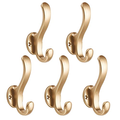 WASYPLSFOI Garderobenhaken Kleiderhaken Wandhaken Handtuchhaken Handtasche Haken Halter Kleiderbügel Doppelt Schwerlast für Wand Badezimmer Tür, 5 Pack Golden von WASYPLSFOI