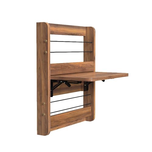 Platzsparender Wandmontierter Klapptisch, Klappbarer Halterung/Elastischem Seil/Kupferfarbenem Metallzubehör, Schwebender Laptoptisch mit Staufach(Dark Walnut,L) von WATAOW