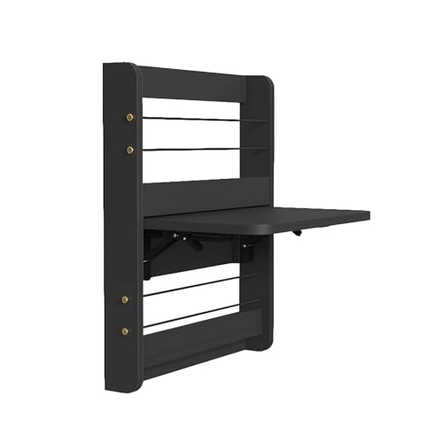 Platzsparender Wandmontierter Klapptisch, Klappbarer Halterung/Elastischem Seil/Kupferfarbenem Metallzubehör, Schwebender Laptoptisch mit Staufach(Schwarz,L) von WATAOW