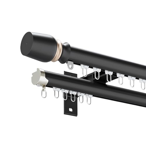 WATAOW Doppeltes Gardinenstangen-Set, Wandmontierte Vorhangschiene, Römische Gardinenstange Mit Schiene, Raumteiler-Schiebevorhangschiene Für Schlafzimmer, Wohnzimmer(Schwarz,270cm/8.8ft(2 * 135cm)) von WATAOW