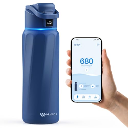Boost Smart-Wasserflasche mit Erinnerung an Wasser und Wasser-Tracker-Flasche, doppelwandige, vakuumisolierte Wasserflasche, Edelstahl, breite Öffnung, 907 ml, ideal als Geschenk, Blau von WATERH