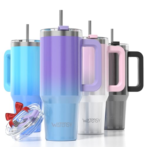 WATERSY 30oz Kaffeebecher to Go Thermobecher Doppelwandiger Edelstahl Vakuum Auslaufsicher Trinkbecher mit Griff und Strohhalm Thermo Tumbler Lila Blau Glänzend von WATERSY
