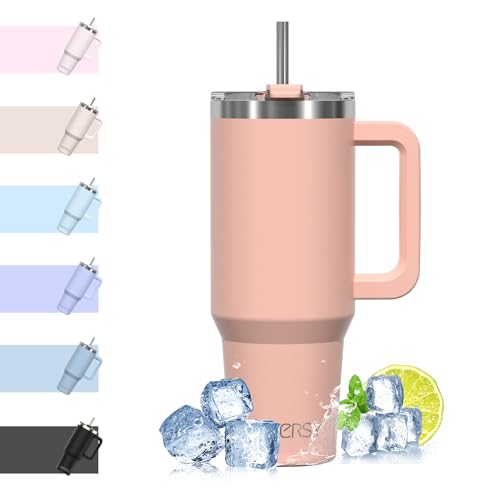 WATERSY 40oz Kaffeebecher to Go Thermobecher Doppelwandiger Edelstahl Vakuum Auslaufsicher Trinkbecher mit Griff und Strohhalm Thermoskanne Pink von WATERSY