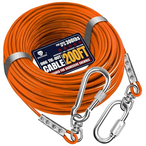 Auslaufseil für Hunde bis zu 136 kg, 61 m, extra stark, 453,6 kg, Bruchfestigkeit, Spanngurt, Trolley, Trainingsleine, Hunde-Laufkabel für Hof, Garten, Park, Camping, draußen (Orange, 136 kg, 61 m) von WATFOON