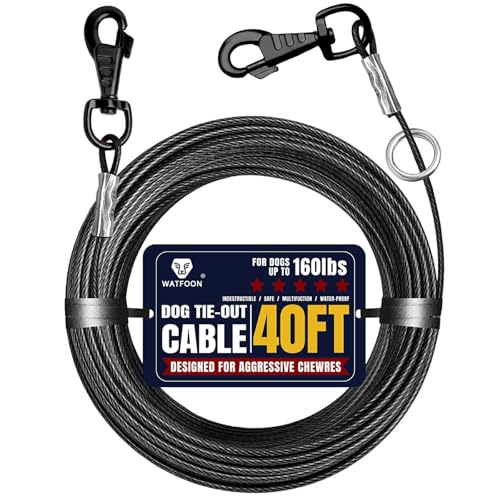 Hundeleinenkabel – Trainingsseil für Hunde bis zu 72,6 kg – um 360° drehbare Clips – reflektierender Hundegurt für Hof, Camping, Park – robuste Haustierkette mit Läufer-Metallring (Schwarz, 12,2 m) von WATFOON