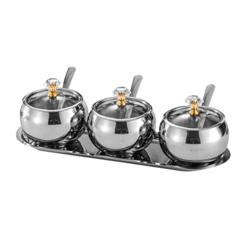 WATIIFUFU Edelstahl Gewürzbehälter mit Deckel und Löffel Luftdichtes Küchengewürz Aufbewahrungsglas mit Tablett Organizer für Salz Kaffee und Zucker Modernes Design in Silber von WATIIFUFU