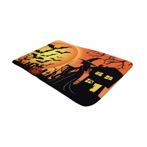 WATIIFUFU Halloween rutschfeste Türmatte Wasserabsorbierende Dünne Bodenschutzmatte mit Pumpkin und Bat Design Langlebige Anti-rutsch Tür-eingangsmatte für Küche Bad Flur Halloween von WATIIFUFU